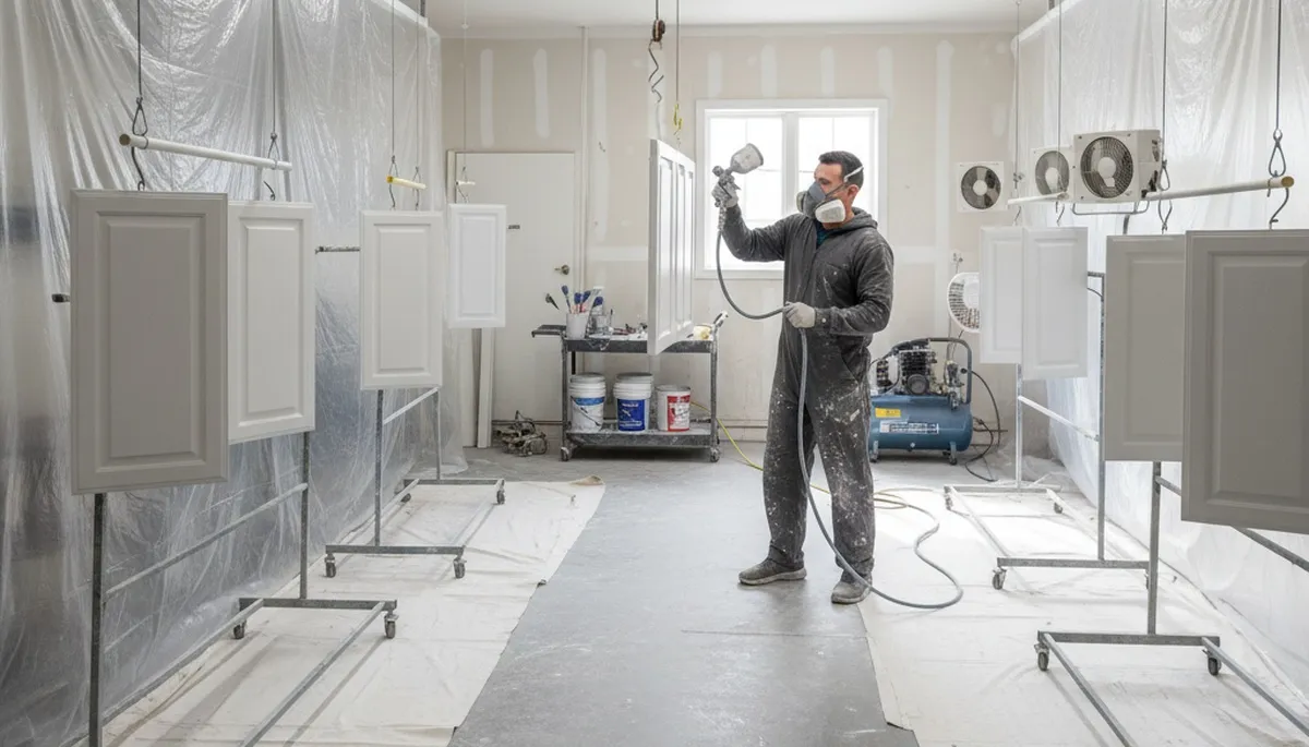 Professional cabinet painting process in Nashville TN showing spray technique for smooth kitchen finishes
