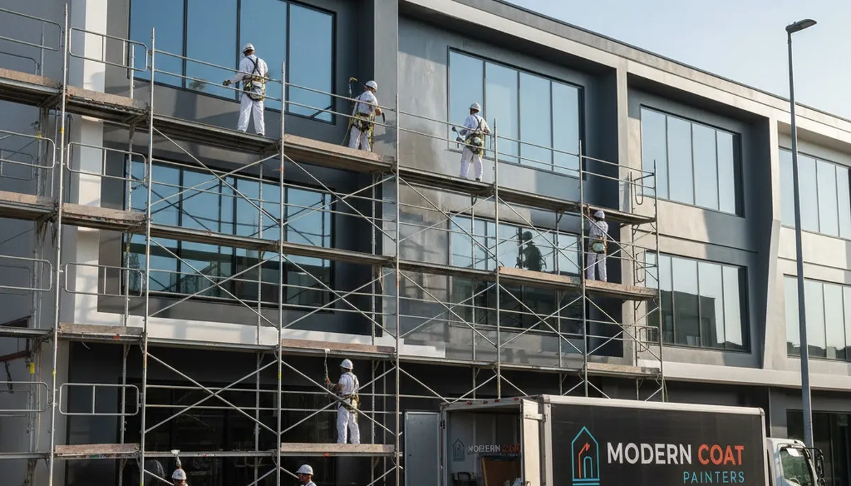 Professional commercial painters in Nashville, TN applying durable coatings to business exterior